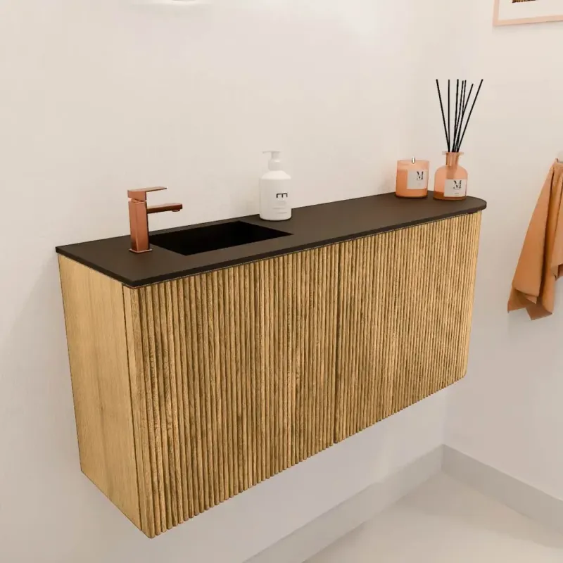 Direct Beschikbaar Mondiaz Joya 90cm toiletmeubel ronding rechts oak met wastafel faye links 1 kraangat urban