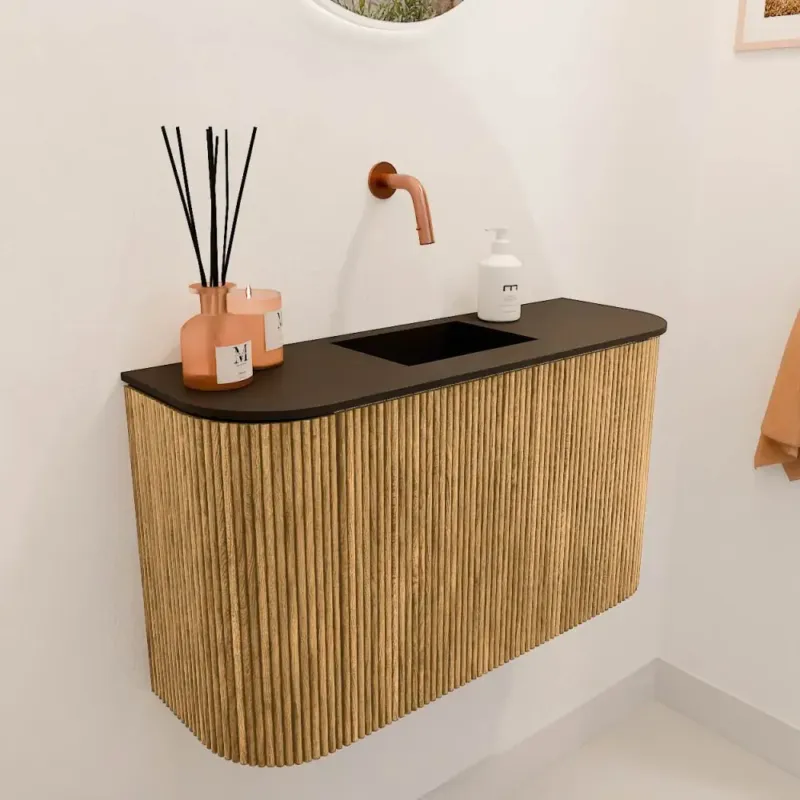 Aanbieding Mondiaz Joya 75cm toiletmeubel ronding links/rechts oak met wastafel faye midden zonder kraangat urban