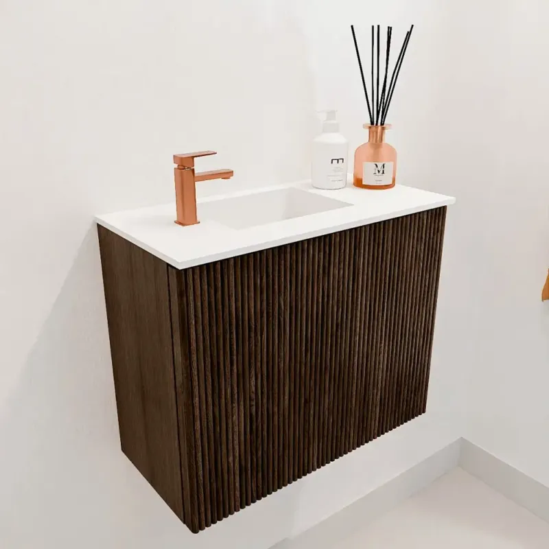 Korting Mondiaz Joya 50cm toiletmeubel walnut met wastafel faye links 1 kraangat talc
