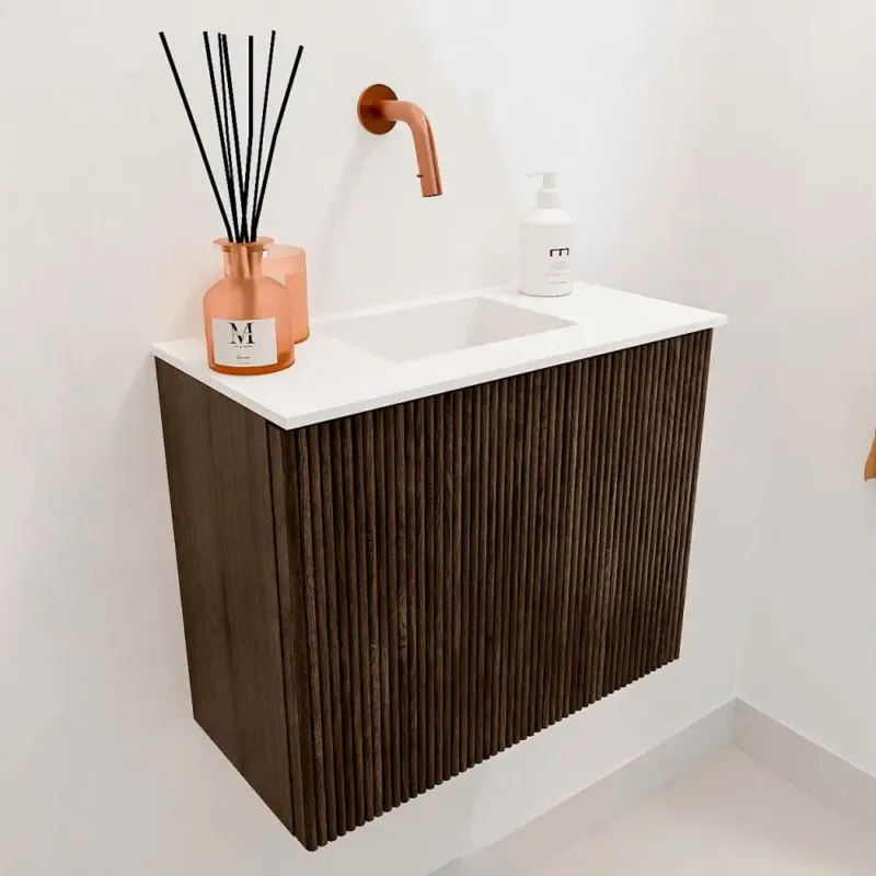 Mondiaz Joya 50cm toiletmeubel walnut met wastafel faye midden zonder kraangat talc Koop Vandaag