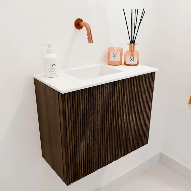Mondiaz Joya 50cm toiletmeubel walnut met wastafel faye links zonder kraangat talc Superprijs