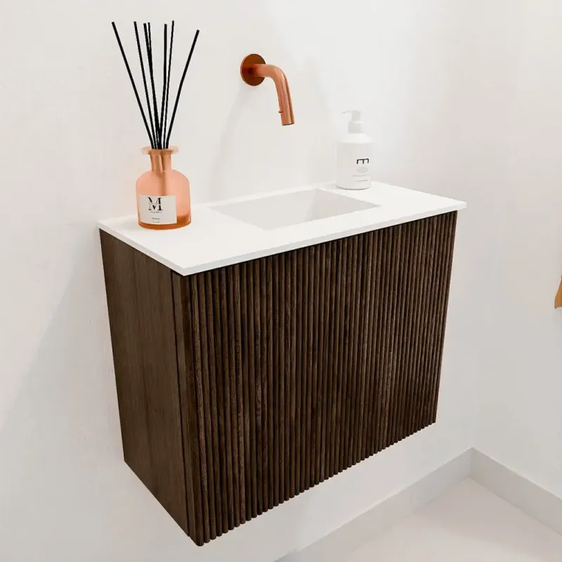 Mondiaz Joya 50cm toiletmeubel walnut met wastafel faye rechts zonder kraangat talc Veilige Betaling