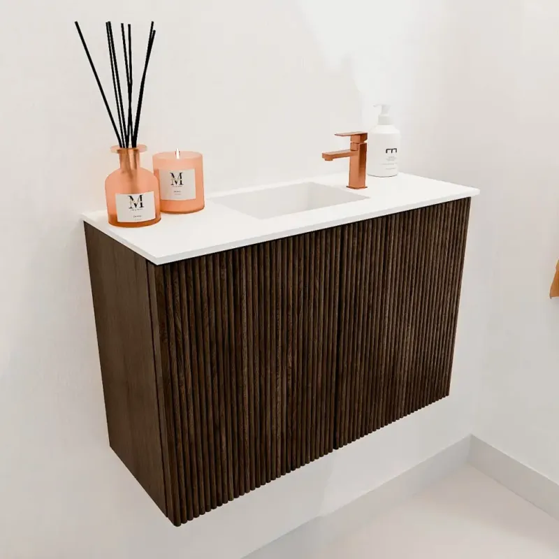 Mondiaz Joya 60cm toiletmeubel walnut met wastafel faye midden 1 kraangat talc Exclusieve Aanbieding