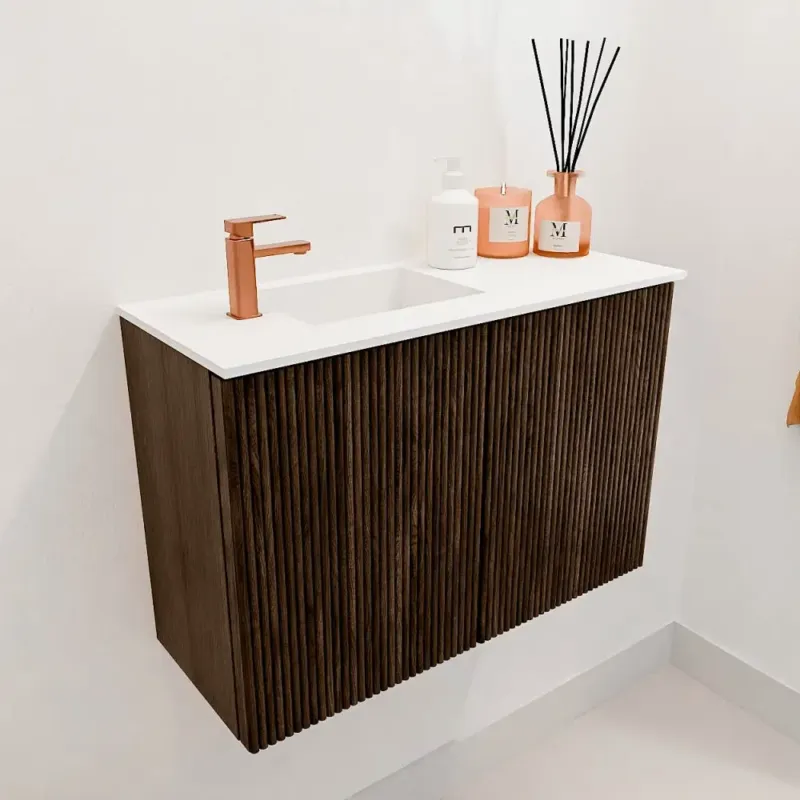 Bestseller Mondiaz Joya 60cm toiletmeubel walnut met wastafel faye links 1 kraangat talc
