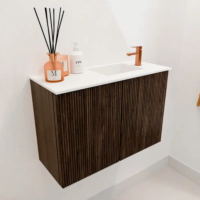 Mondiaz Joya 60cm toiletmeubel walnut met wastafel faye rechts 1 kraangat talc Rechtstreeks Van De Fabrikant