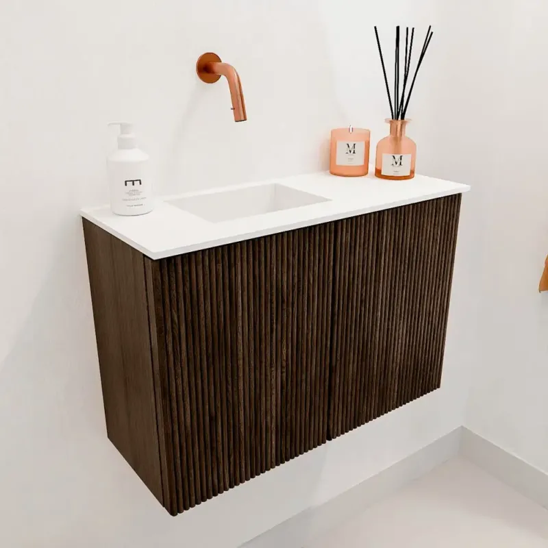 Mondiaz Joya 60cm toiletmeubel walnut met wastafel faye links zonder kraangat talc Uitverkoop