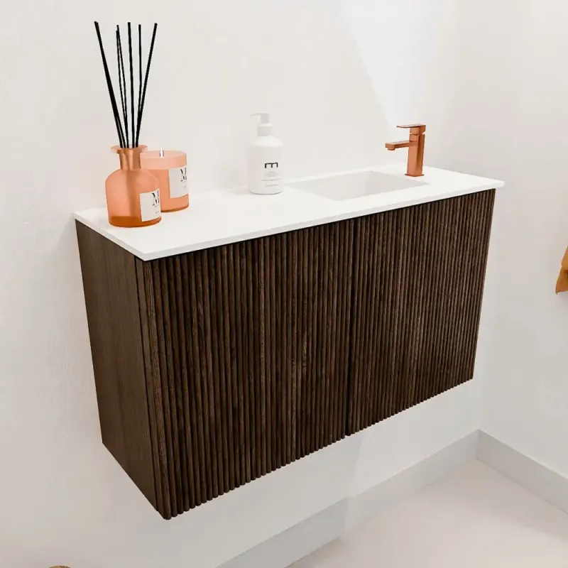 Mondiaz Joya 70cm toiletmeubel walnut met wastafel faye rechts 1 kraangat talc Gecertificeerd
