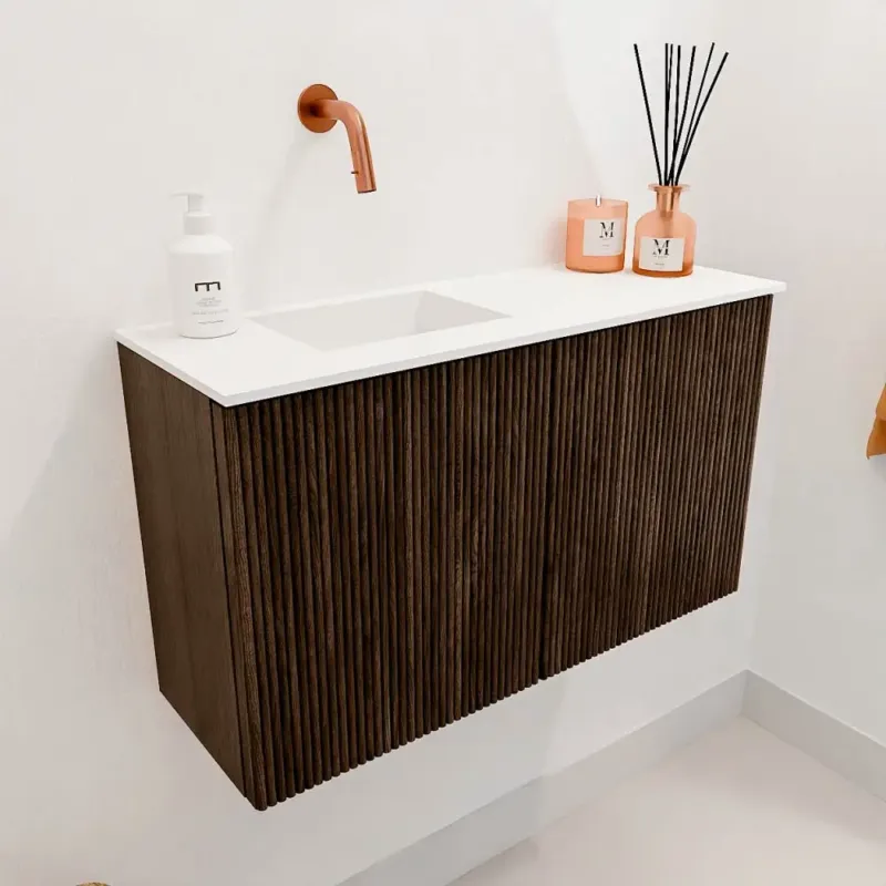 Mondiaz Joya 70cm toiletmeubel walnut met wastafel faye links zonder kraangat talc Tijdelijk Beschikbaar