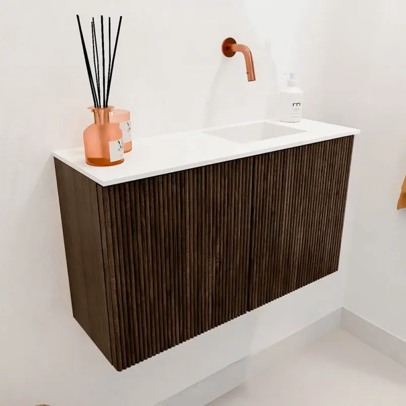 Mondiaz Joya 70cm toiletmeubel walnut met wastafel faye rechts zonder kraangat talc Koopje