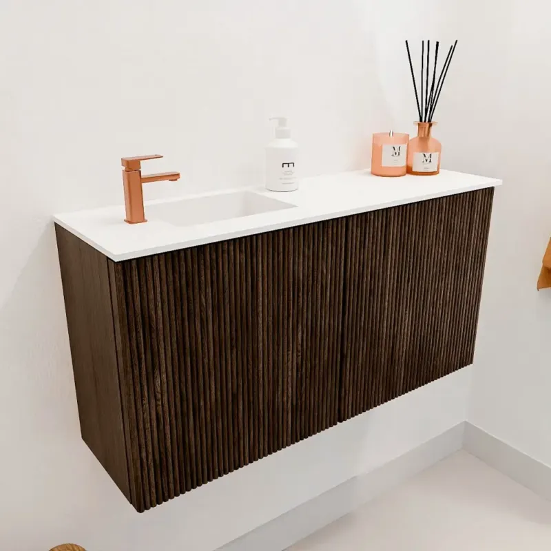 Mondiaz Joya 80cm toiletmeubel walnut met wastafel faye links 1 kraangat talc Flitsaanbieding
