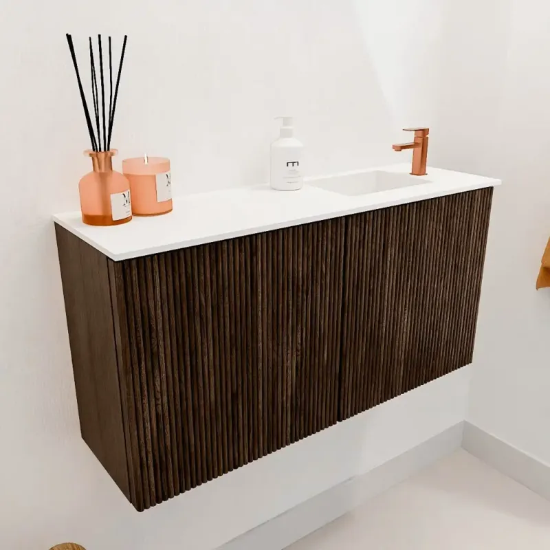 Mondiaz Joya 80cm toiletmeubel walnut met wastafel faye rechts 1 kraangat talc Tijdelijk Beschikbaar
