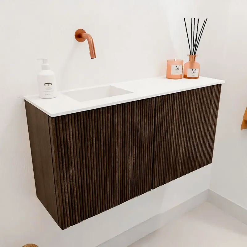 Korting Mondiaz Joya 80cm toiletmeubel walnut met wastafel faye links zonder kraangat talc