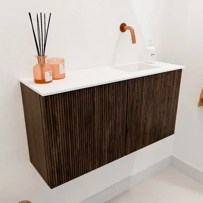 Flitsaanbieding Mondiaz Joya 80cm toiletmeubel walnut met wastafel faye rechts zonder kraangat talc