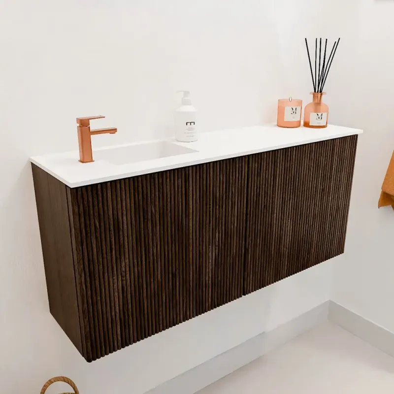 Mondiaz Joya 90cm toiletmeubel walnut met wastafel faye links 1 kraangat talc Fabrieksprijs
