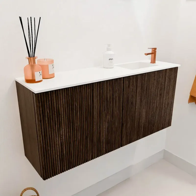Mondiaz Joya 90cm toiletmeubel walnut met wastafel faye rechts 1 kraangat talc Alleen Vandaag