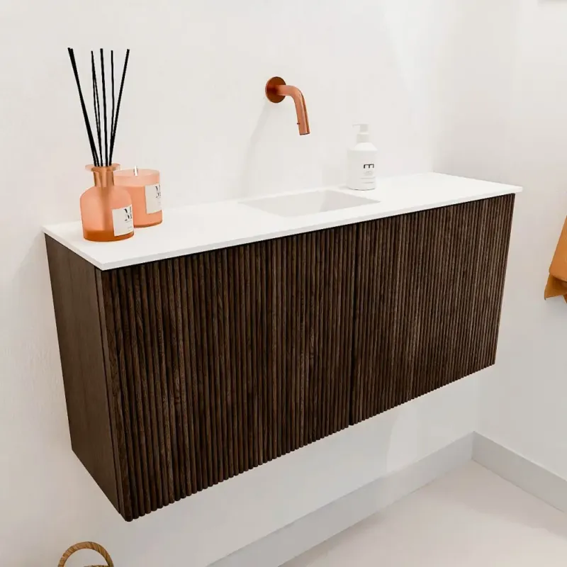 Direct Verzonden Mondiaz Joya 90cm toiletmeubel walnut met wastafel faye midden zonder kraangat talc