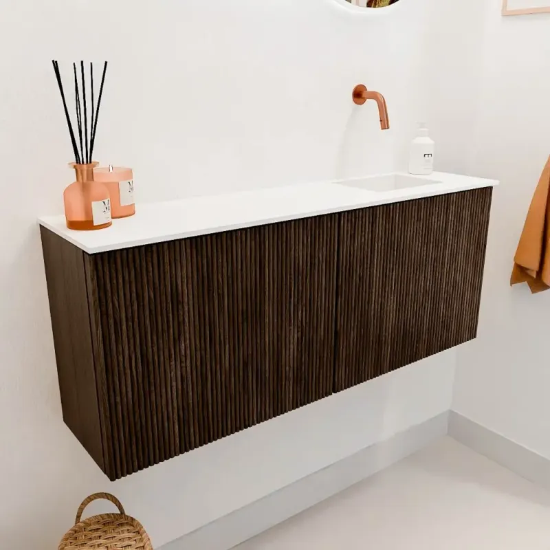 Op = Op Mondiaz Joya 100cm toiletmeubel walnut met wastafel faye rechts zonder kraangat talc