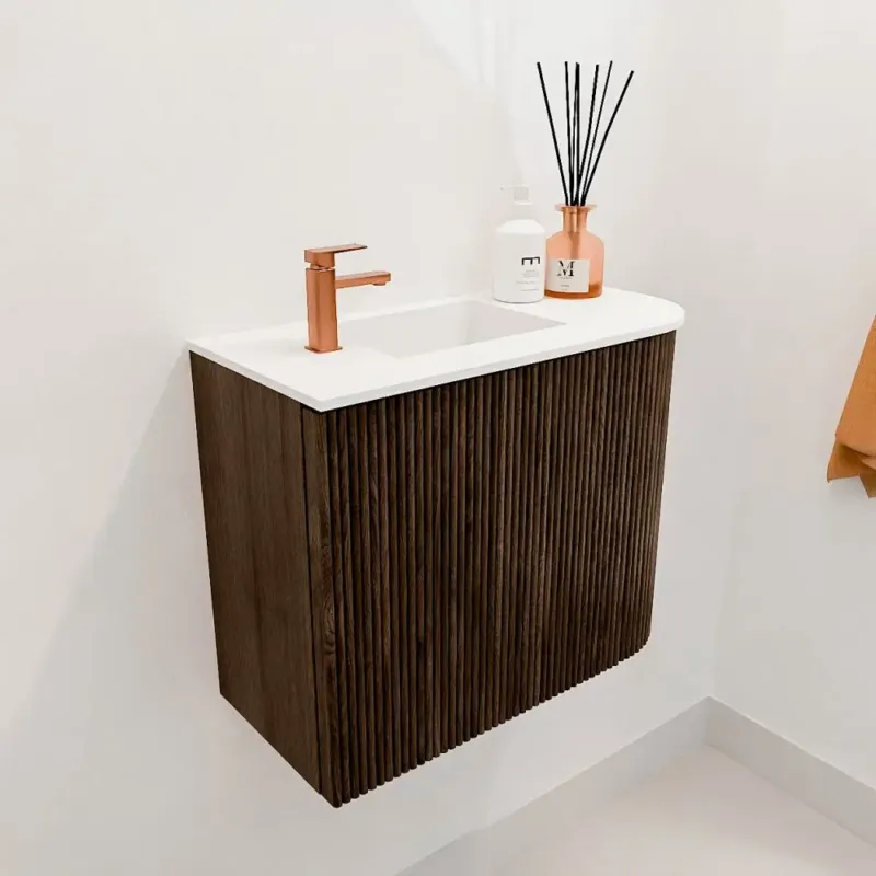 Betrouwbaar Mondiaz Joya 50cm toiletmeubel ronding rechts walnut met wastafel faye links 1 kraangat talc