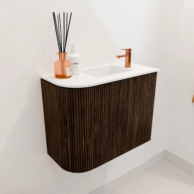 Mondiaz Joya 50cm toiletmeubel ronding links walnut met wastafel faye rechts 1 kraangat talc Fabrieksprijs
