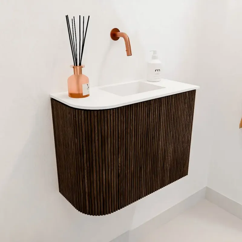 Beperkte Voorraad Mondiaz Joya 50cm toiletmeubel ronding links walnut met wastafel faye rechts zonder kraangat talc