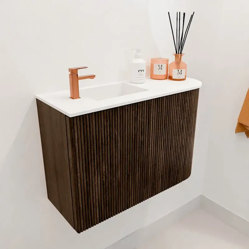 Mondiaz Joya 60cm toiletmeubel ronding rechts walnut met wastafel faye links 1 kraangat talc Direct Beschikbaar