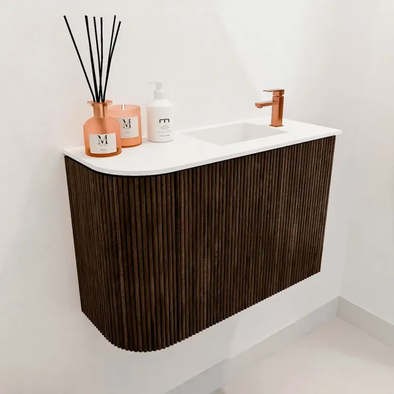 Mondiaz Joya 60cm toiletmeubel ronding links walnut met wastafel faye rechts 1 kraangat talc Exclusieve Aanbieding