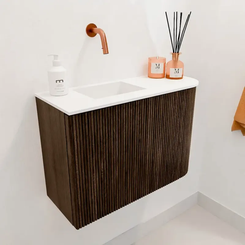 Mondiaz Joya 60cm toiletmeubel ronding rechts walnut met wastafel faye links zonder kraangat talc Beperkt Aanbod