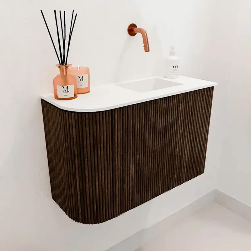 Goedkoop Mondiaz Joya 60cm toiletmeubel ronding links walnut met wastafel faye rechts zonder kraangat talc