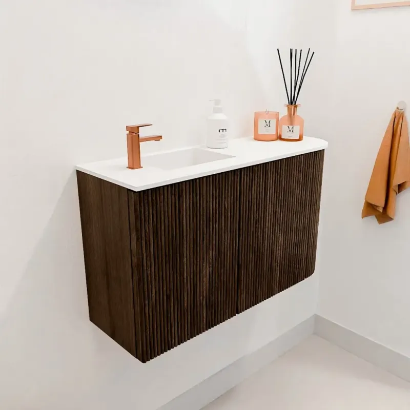 Mondiaz Joya 70cm toiletmeubel ronding rechts walnut met wastafel faye links 1 kraangat talc Veilige Betaling