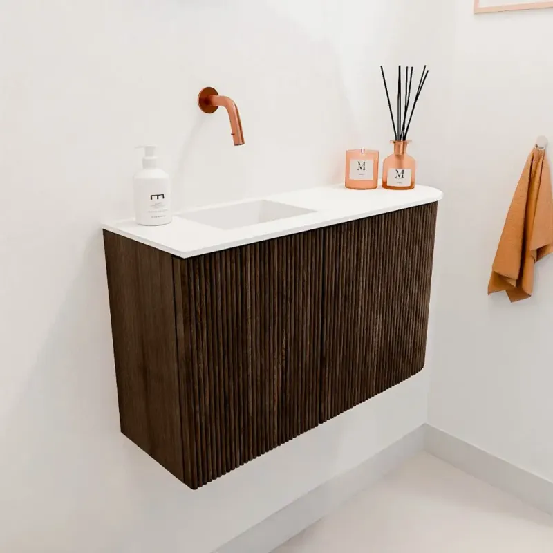 Hoge Kwaliteit Mondiaz Joya 70cm toiletmeubel ronding rechts walnut met wastafel faye links zonder kraangat talc