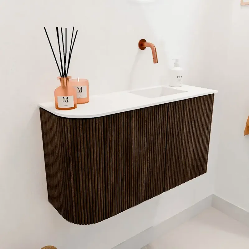 Koopje Mondiaz Joya 70cm toiletmeubel ronding links walnut met wastafel faye rechts zonder kraangat talc