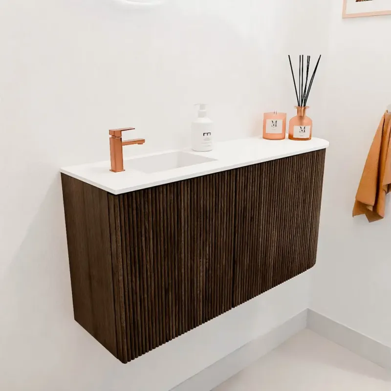 Mondiaz Joya 80cm toiletmeubel ronding rechts walnut met wastafel faye links 1 kraangat talc Gereduceerde Prijs