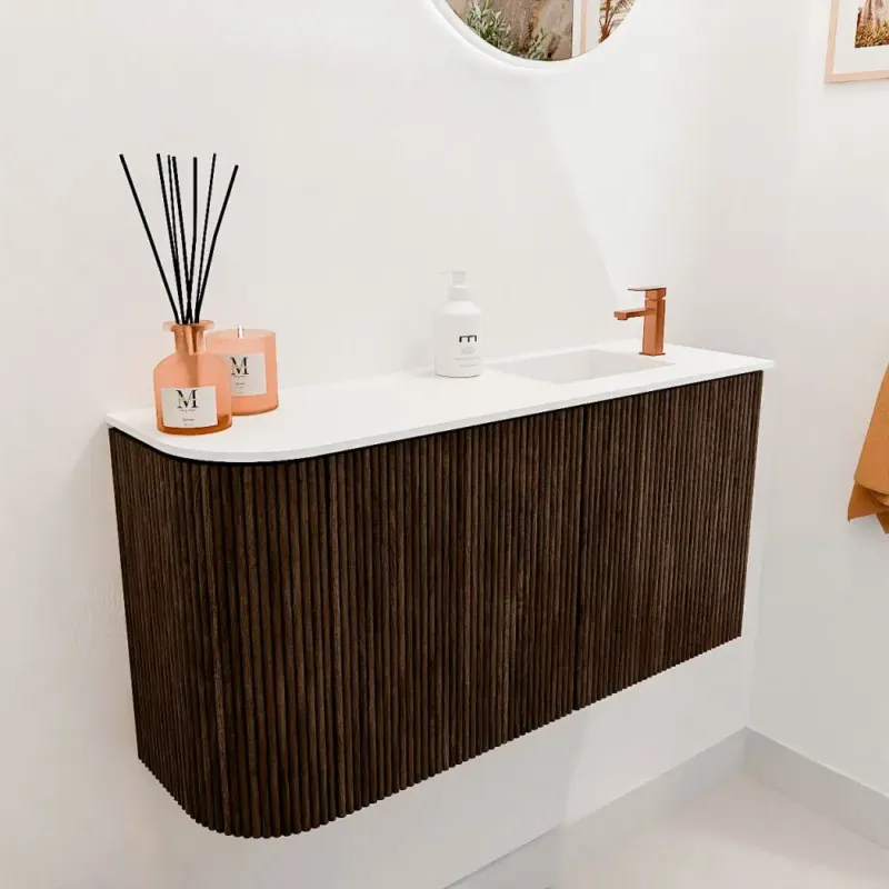 Mondiaz Joya 80cm toiletmeubel ronding links walnut met wastafel faye rechts 1 kraangat talc Laatste Versie