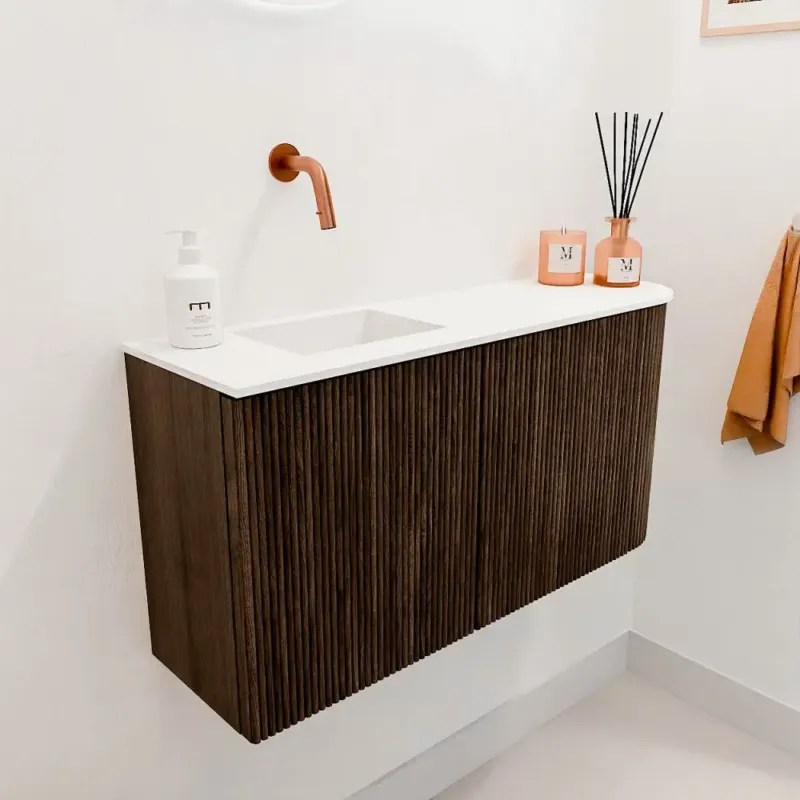 Mondiaz Joya 80cm toiletmeubel ronding rechts walnut met wastafel faye links zonder kraangat talc Beperkte Voorraad