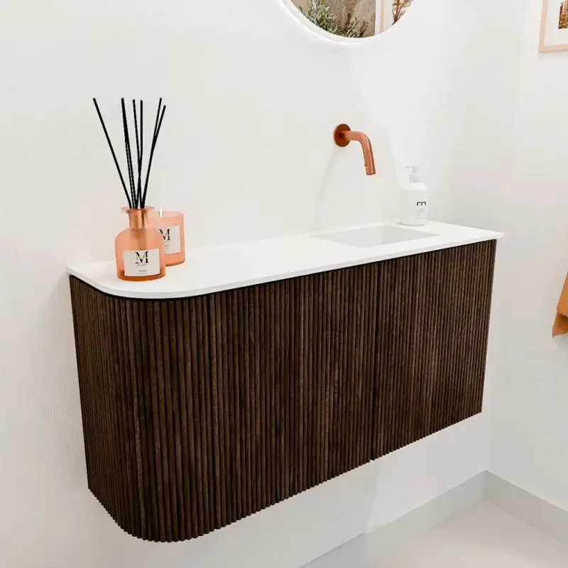 Mondiaz Joya 80cm toiletmeubel ronding links walnut met wastafel faye rechts zonder kraangat talc Speciale Aanbieding