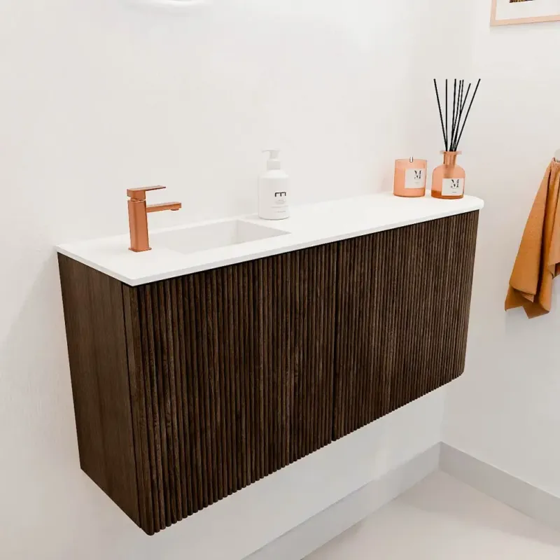 Mondiaz Joya 90cm toiletmeubel ronding rechts walnut met wastafel faye links 1 kraangat talc Koop Vandaag