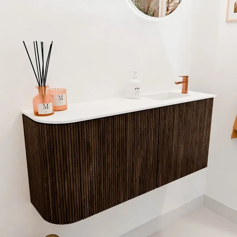 Superprijs Mondiaz Joya 90cm toiletmeubel ronding links walnut met wastafel faye rechts 1 kraangat talc