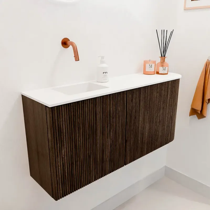 Speciale Aanbieding Mondiaz Joya 90cm toiletmeubel ronding rechts walnut met wastafel faye links zonder kraangat talc