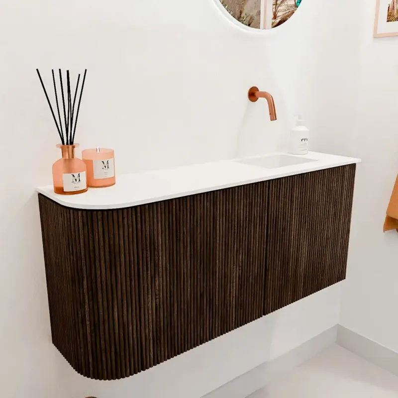 Mondiaz Joya 90cm toiletmeubel ronding links walnut met wastafel faye rechts zonder kraangat talc Gratis Retour