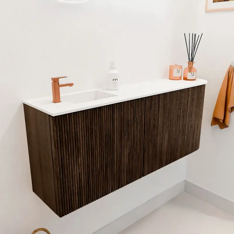 Koop Vandaag Mondiaz Joya 100cm toiletmeubel ronding rechts walnut met wastafel faye links 1 kraangat talc