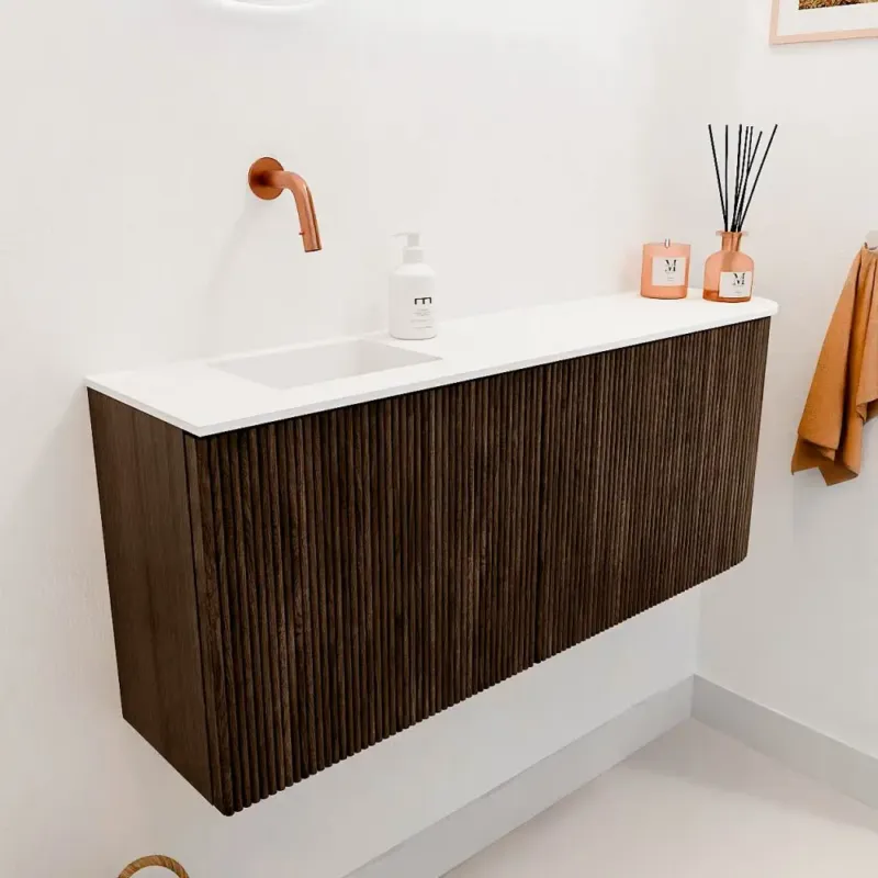 Koopje Mondiaz Joya 100cm toiletmeubel ronding rechts walnut met wastafel faye links zonder kraangat talc