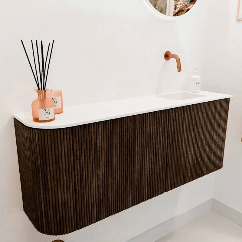 Weekendaanbieding Mondiaz Joya 100cm toiletmeubel ronding links walnut met wastafel faye rechts zonder kraangat talc