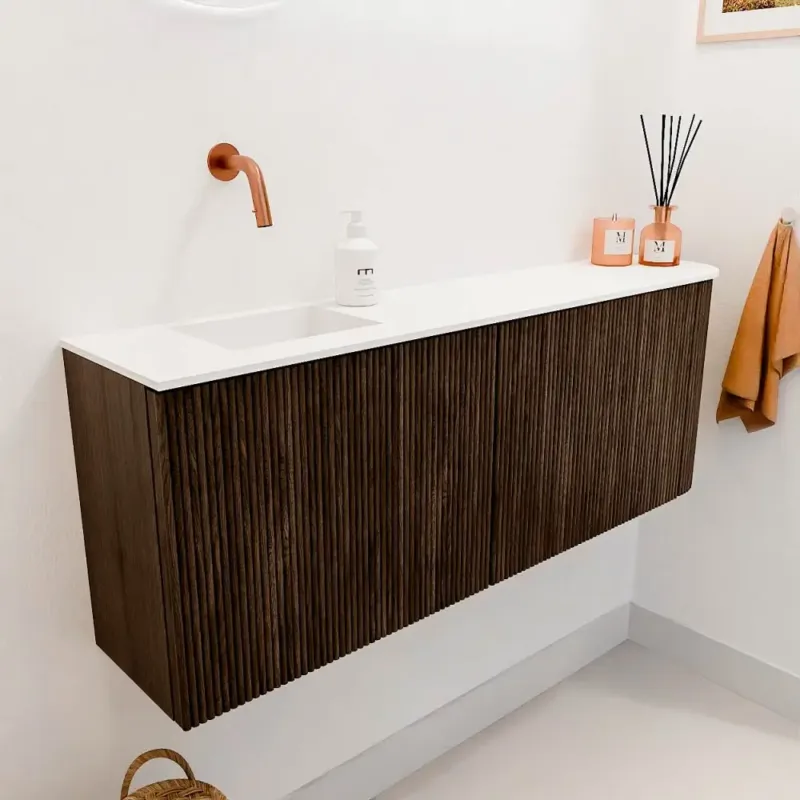Fabrieksprijs Mondiaz Joya 110cm toiletmeubel ronding rechts walnut met wastafel faye links zonder kraangat talc