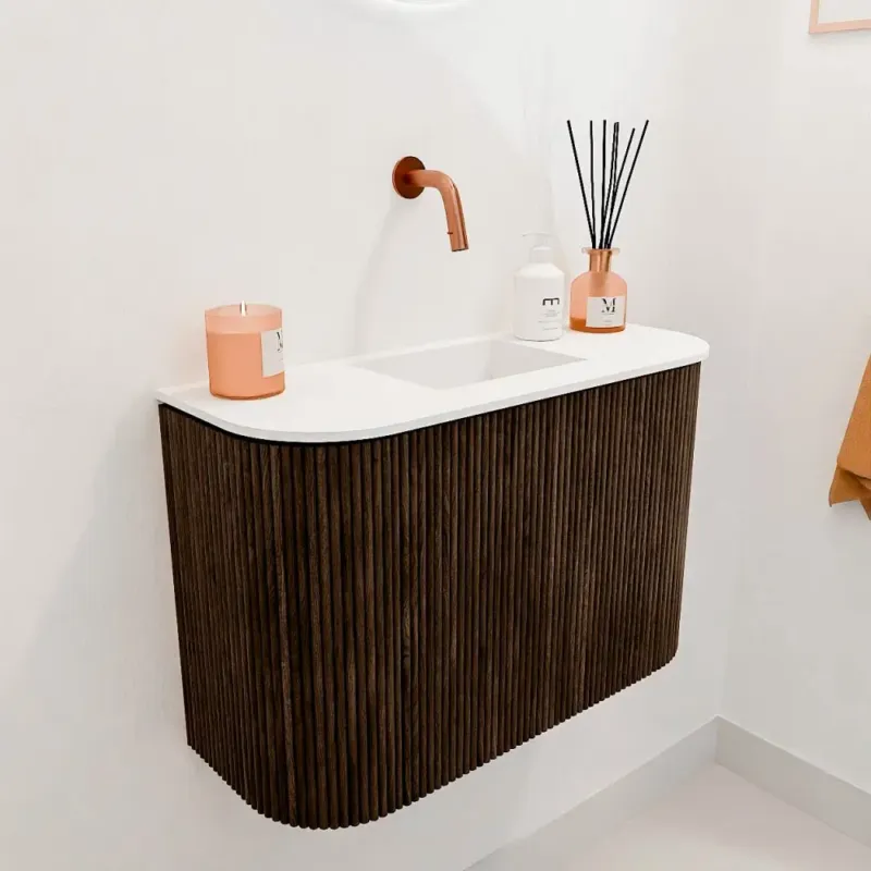 Mondiaz Joya 65cm toiletmeubel ronding links/rechts walnut met wastafel faye midden zonder kraangat talc Merkproduct