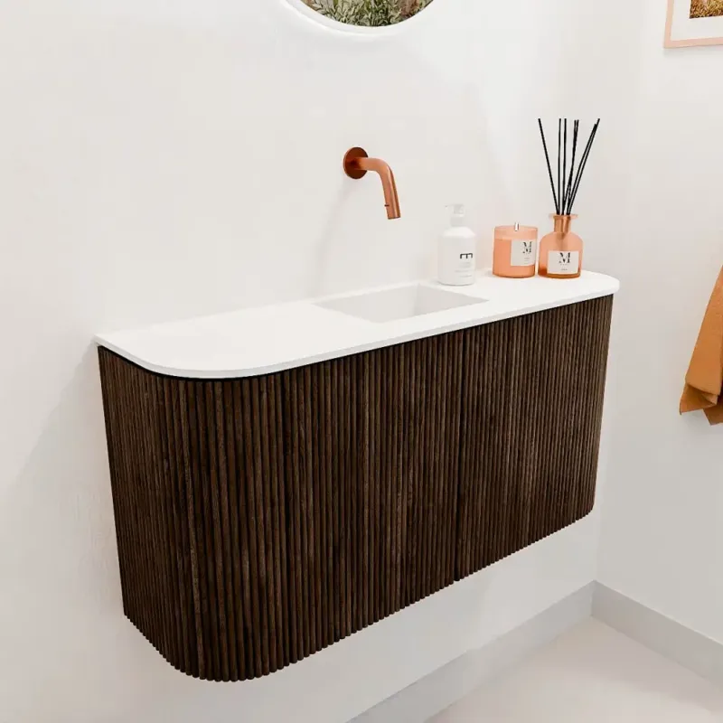 Actieprijs Mondiaz Joya 85cm toiletmeubel ronding links/rechts walnut met wastafel faye midden zonder kraangat talc