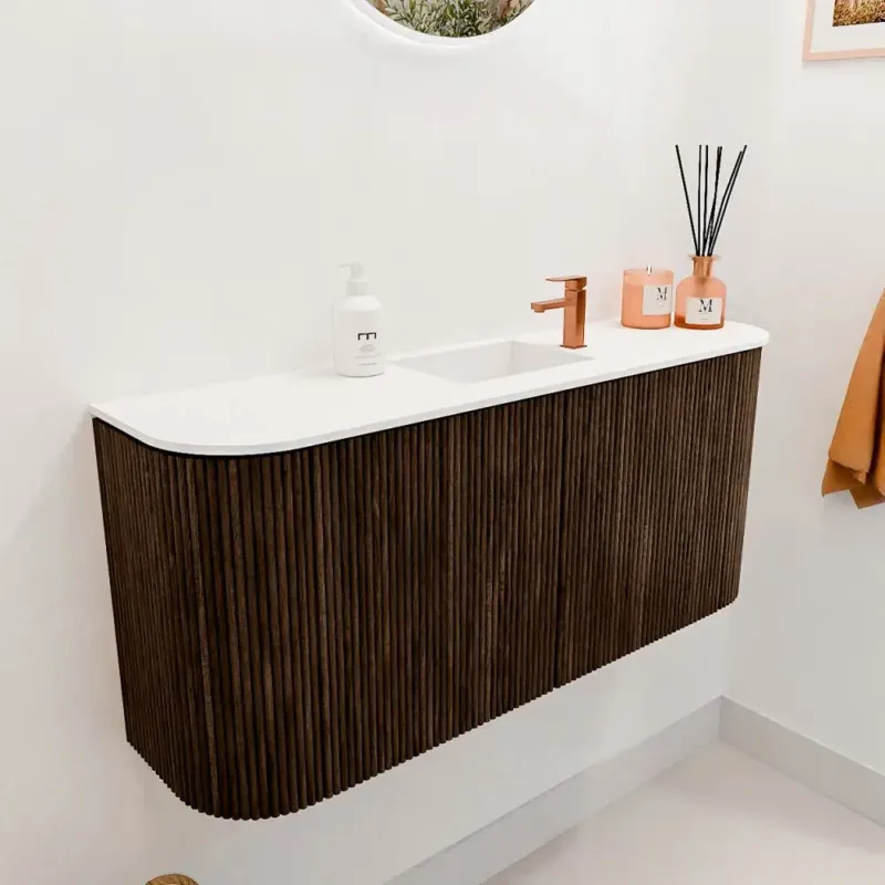 Mondiaz Joya 95cm toiletmeubel ronding links/rechts walnut met wastafel faye midden 1 kraangat talc Meest Verkocht