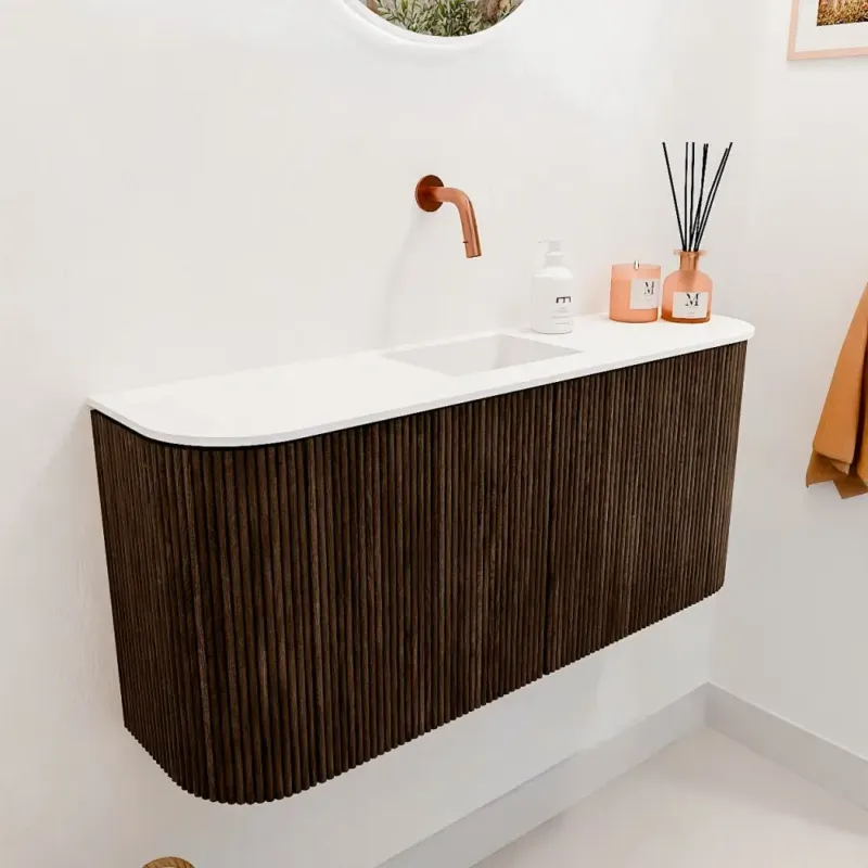 Beperkte Voorraad Mondiaz Joya 95cm toiletmeubel ronding links/rechts walnut met wastafel faye midden zonder kraangat talc