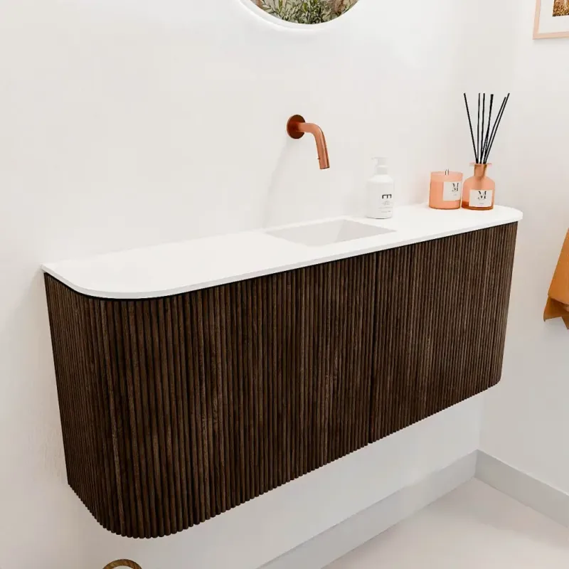 Mondiaz Joya 105cm toiletmeubel ronding links/rechts walnut met wastafel faye midden zonder kraangat talc Actieprijs