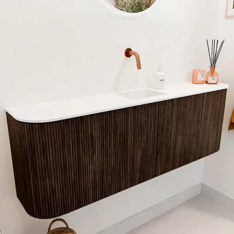 Direct Beschikbaar Mondiaz Joya 125cm toiletmeubel ronding links/rechts walnut met wastafel faye midden zonder kraangat talc