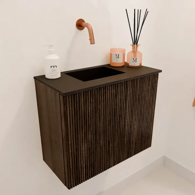 Weekendaanbieding Mondiaz Joya 50cm toiletmeubel walnut met wastafel faye links zonder kraangat urban